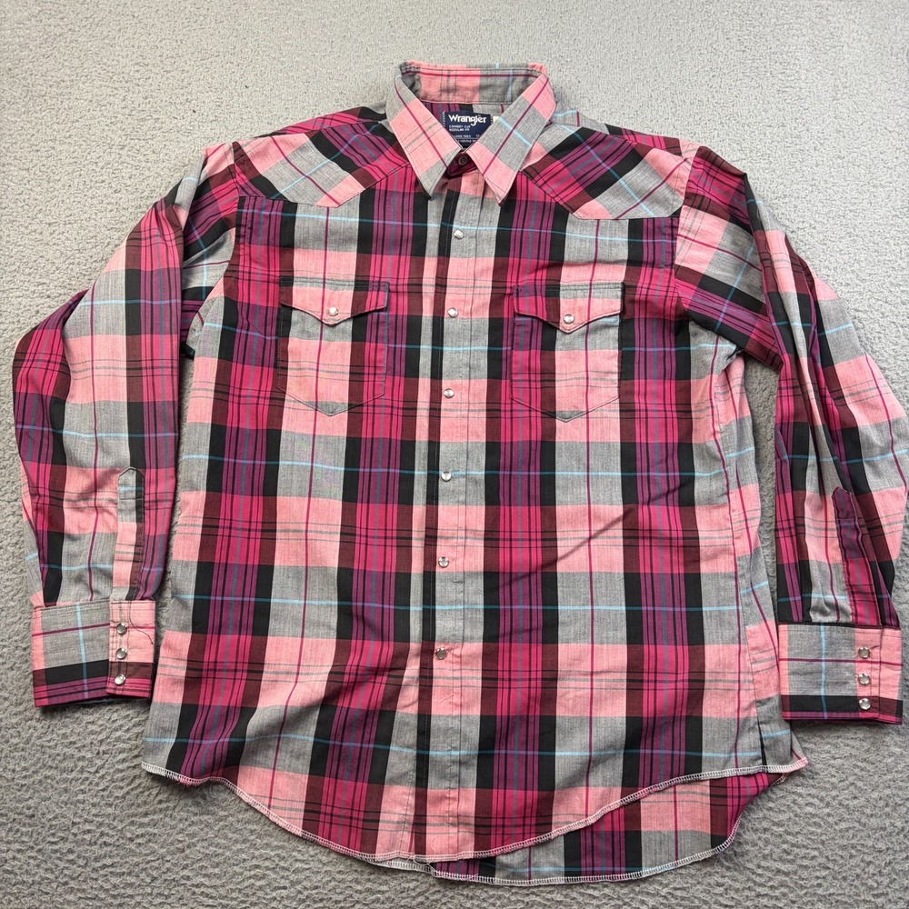 VTG Wrangler Western Shirt Mens 17-34 Pink Black Plaid Pearl Snap USA Made